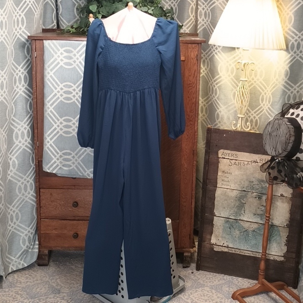 Super cute bright navy blue smocked top palazzo pant jumpsuit L/XL